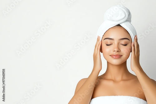 Wallpaper Mural A serene young woman relaxing with a towel on her head, promoting beauty, wellness, and self-care. Torontodigital.ca