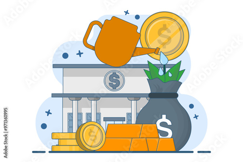 Gold bullion market analysis concept, Gold bullion with growing plant on isolated background, investment to increase income or profit. Digital marketing illustration
