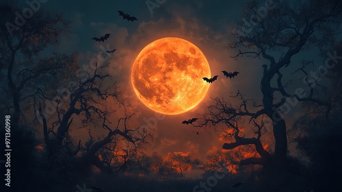 Eerie Halloween full moon, bats flying, twisted tree silhouettes, dark sky, spooky night