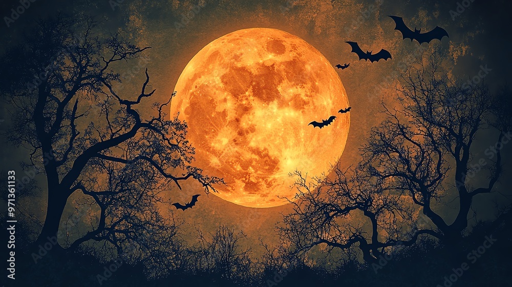 Eerie Halloween full moon, bats flying, twisted tree silhouettes, dark sky, spooky night Eerie Halloween full moon, bats flying, twisted tree silhouettes, dark sky, spooky night