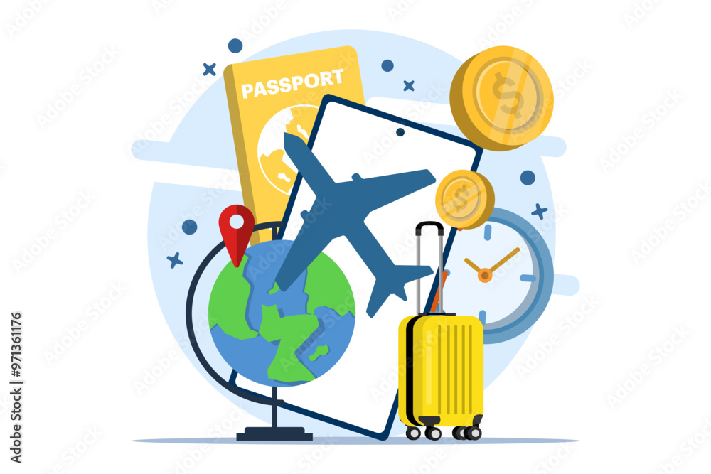 concept of traveling by plane, planning a trip with summer vacation concept. Business trip with passport and travel bag. Online tickets, travel booking and services. concept of traveling by plane, planning a trip with summer vacation concept. Business trip with passport and travel bag. Online tickets, travel booking and services.