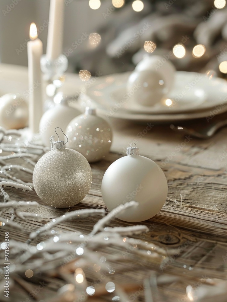 A table with a white plate and a bunch of white Christmas ornaments. The table is lit by candles and the ornaments are arranged in a way that they look like they are about to be hung on a tree A table with a white plate and a bunch of white Christmas ornaments. The table is lit by candles and the ornaments are arranged in a way that they look like they are about to be hung on a tree