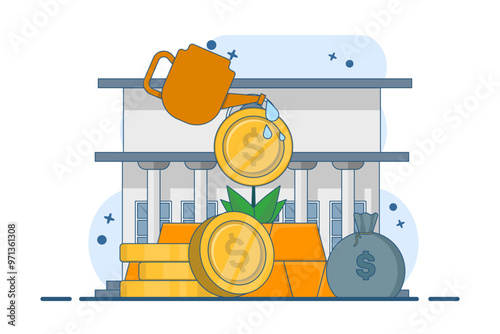 Gold bullion market analysis concept, Gold bullion with growing plant on isolated background, investment to increase income or profit. Digital marketing illustration