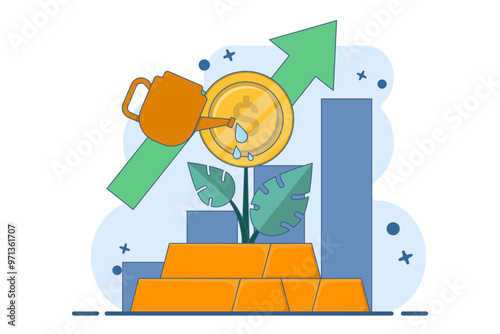 Gold bullion market analysis concept, Gold bullion with growing plant on isolated background, investment to increase income or profit. Digital marketing illustration