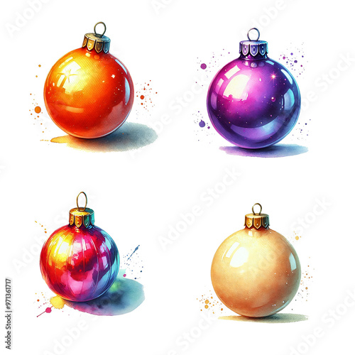 watercolor Christmas violet, beige, orange, rainbow balls on isolated white background