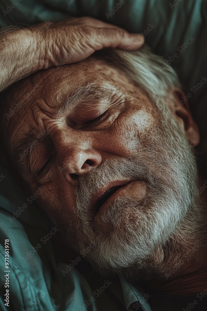 A man with a beard and grey hair is sleeping on a bed. He is holding his head with his hand A man with a beard and grey hair is sleeping on a bed. He is holding his head with his hand
