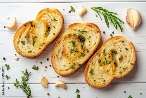 Slices of toasted bread with garlic and herbs on white wooden table, top view