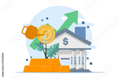 Gold bullion market analysis concept, Gold bullion with growing plant on isolated background, investment to increase income or profit. Digital marketing illustration