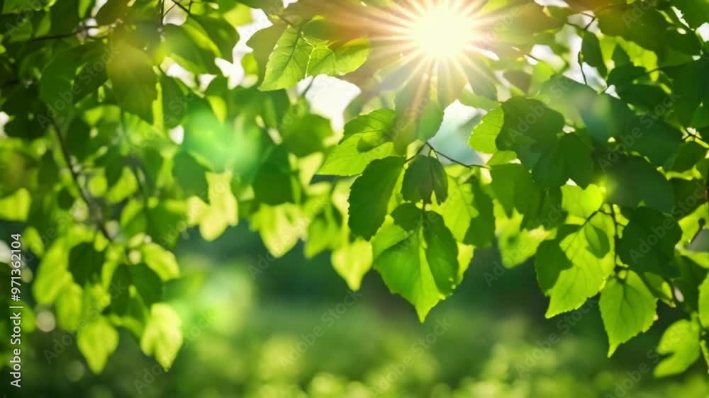 Beautiful summer sun between green leaves. Nature background close up