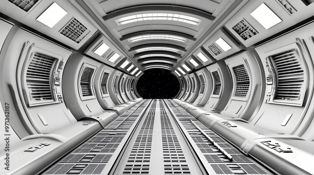 Obraz premium Futuristic corridor leading to a dark space.