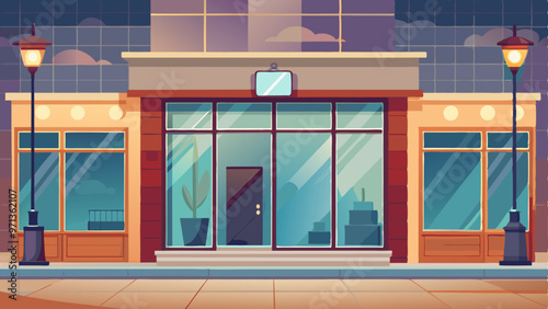 3d front glass window and door in store mockup. Realistic empty office or storefront showroom boutique building facade with light from lamp. Vitrine with reflection in supermarket illustration