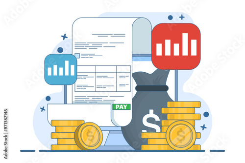 Payroll online payment concept, Invoice sheet, Calculate salary, Budget concept, Salary, Wage payment. Payment and invoice, Business or financial operation sign. Flat vector illustration.
