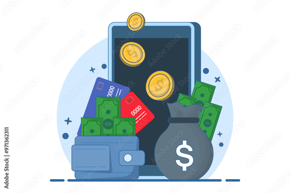 Financial concept. Saving cash, debit card or savings in bank account. Payment transaction, transfer, e-wallet, financial management and savings concept. Flat vector illustration. Financial concept. Saving cash, debit card or savings in bank account. Payment transaction, transfer, e-wallet, financial management and savings concept. Flat vector illustration.