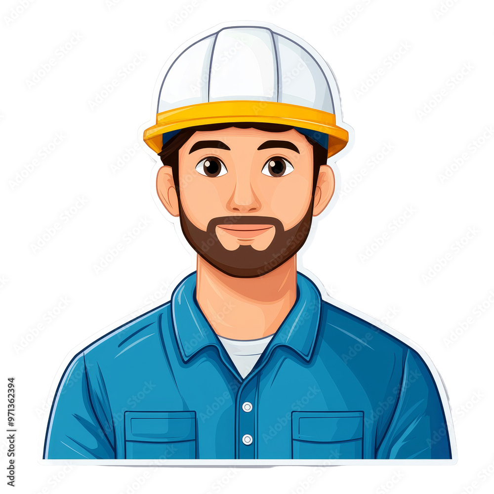 A man with a beard wearing a blue shirt and a white hard hat. A man with a beard wearing a blue shirt and a white hard hat.