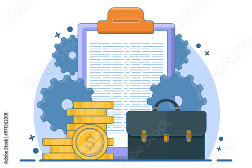 Concept Design Portfolio, Vector Illustration of Briefcase with Documents and Gold Coins. Business Icon Concept. Flat Cartoon Style Suitable for Landing Web Page, Banner, Sticker, Background.