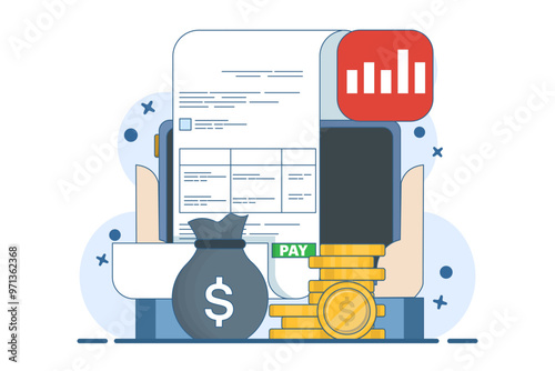 Payroll online payment concept, Invoice sheet, Calculate salary, Budget concept, Salary, Wage payment. Payment and invoice, Business or financial operation sign. Flat vector illustration.