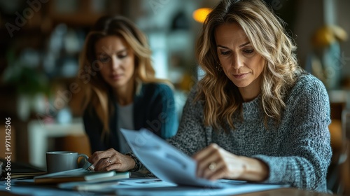 Two women focus on documents in a cozy workspace, showcasing professionalism and teamwork in a modern environment.