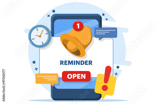 Reminder concept, notification page, alert notification. Reminder for business planning, email marketing, online advertising, important events, calendar reminders and schedules. Vector illustration.