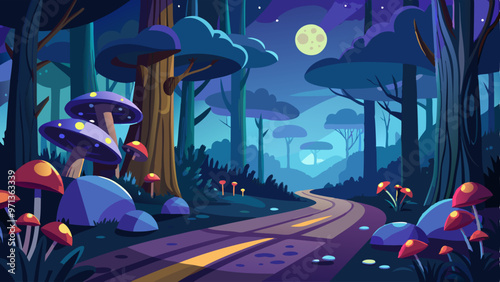 Night forest landscape with trees and road, glowworms and mushrooms shining in darkness. Wild wood fantasy background, dark mysterious place with plants under moonlight, Cartoon vector illustration