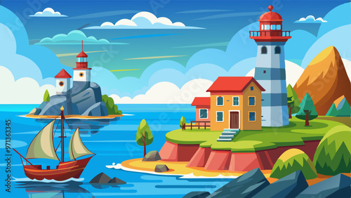 Sea landscape with lighthouse on island and ship with red sail. Cartoon vector background with house on rocky coast in ocean, wooden caravel. Beacon building on harbor seascape during calm weather photo