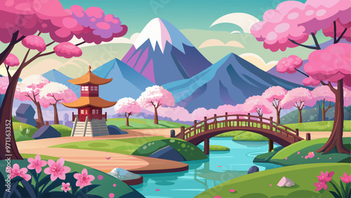 Japanese park with pink flowering sakura trees, bridge over pond or river, mountains on background. Cartoon vector spring landscape of city garden with cherry blossom and grass for hanami festival.