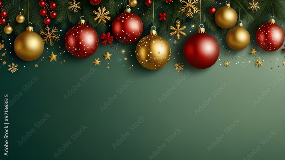 Square banner with gold and red Christmas symbols and text. Christmas tree, balls, golden tinsel confetti and snowflakes on green background. Header for website template Square banner with gold and red Christmas symbols and text. Christmas tree, balls, golden tinsel confetti and snowflakes on green background. Header for website template