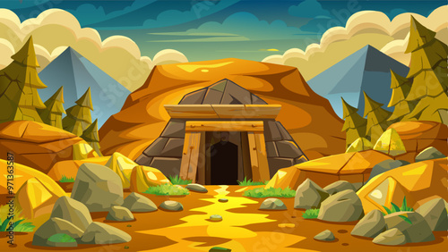 Gold mine entrance at nature landscape, outside cave view with golden shiny ingots and nuggets in rocks and stone shaft walls. Game scene, cartoon background, mining quarry, 2d Vector illustration