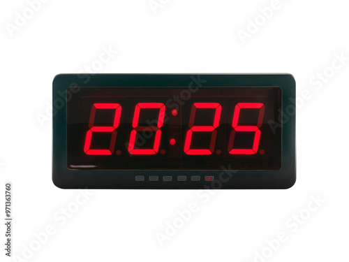 number 2025 illumination on electronic clock screen isolated on transparent, led sign showing time for beginning new year countdown