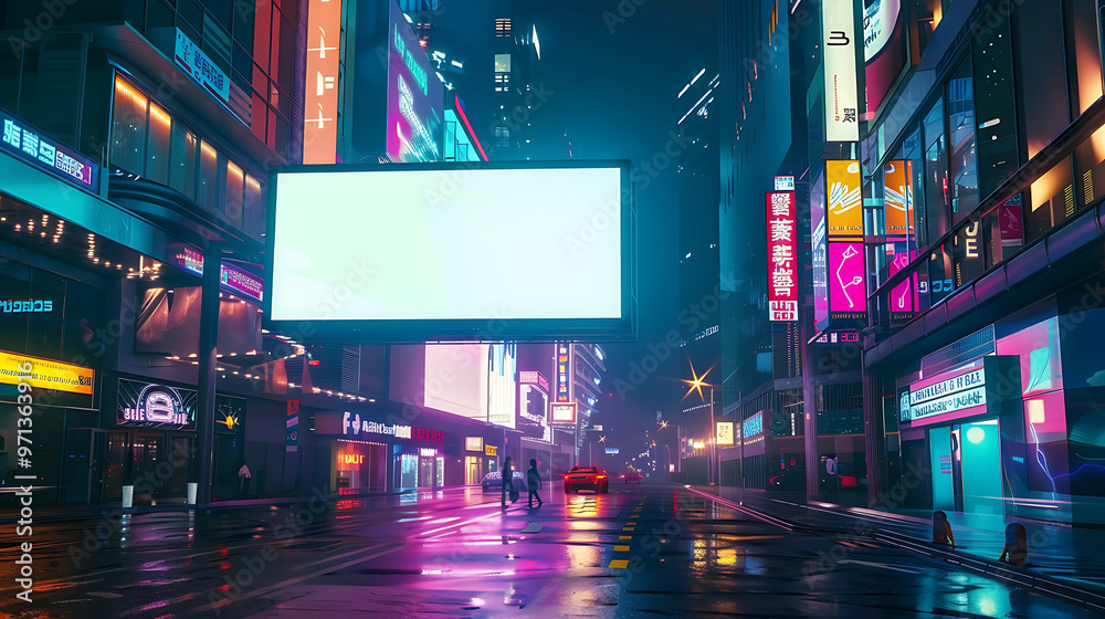Blank Billboard in Bustling Downtown at Night with Neon Signs and Detailed Textures
