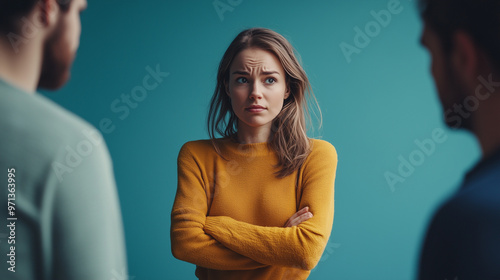A young woman in a yellow sweater looks confused, standing between two men, seemingly engaged in a tense discussion