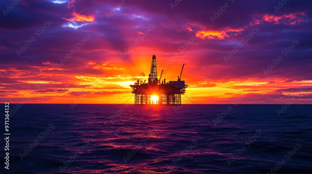 A sunset over the ocean with a large oil rig in the water A sunset over the ocean with a large oil rig in the water