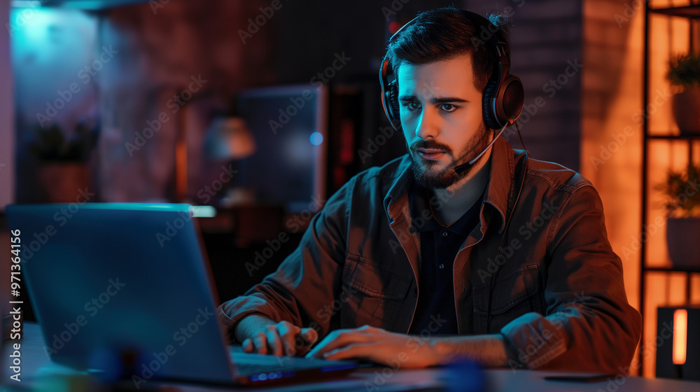 portrait of a male tech support worker sitting in modern office working on laptop portrait of a male tech support worker sitting in modern office working on laptop