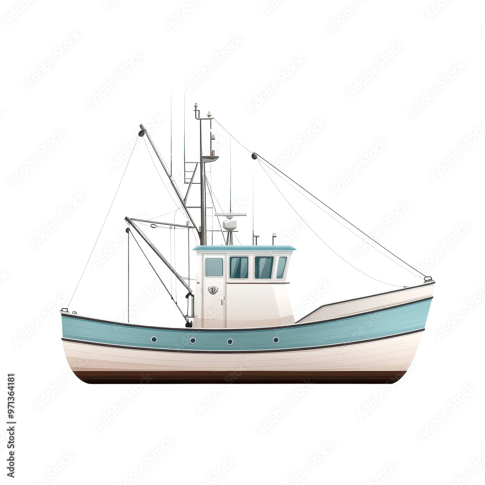 A white and blue fishing boat with a tall mast and nets on a black background. A white and blue fishing boat with a tall mast and nets on a black background.