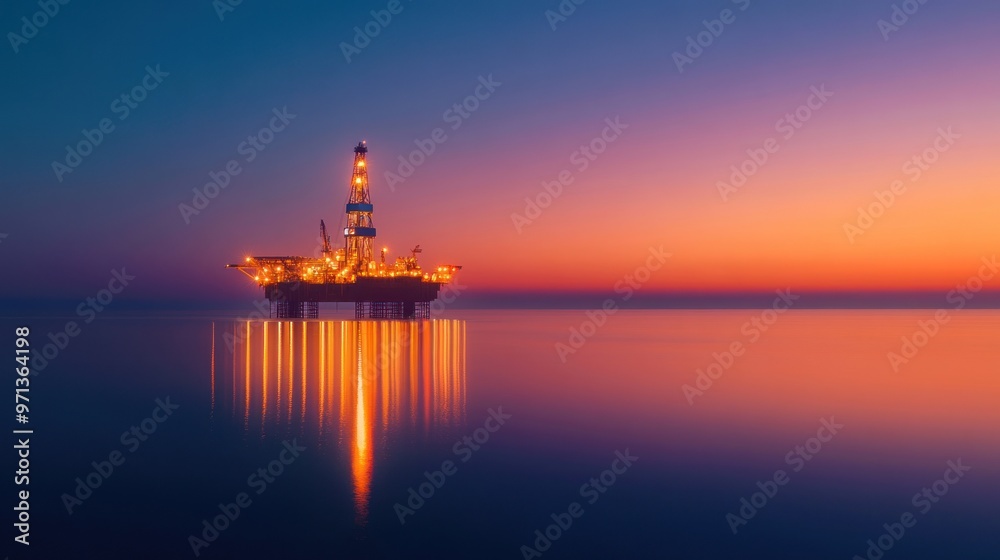 A sunset over the ocean with a large oil rig in the water A sunset over the ocean with a large oil rig in the water