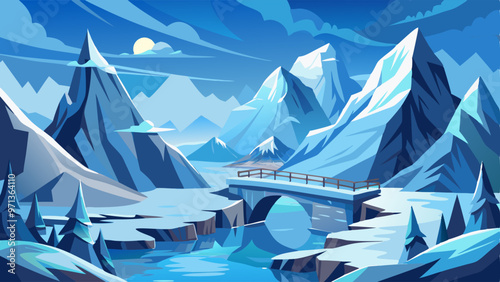 Ice winter landscape with snow vector background. frozen mountain and snowy scenery frost scene for ski ad. North pole or iceland wild desert with rocky antarctic bridge cartoon day illustration.