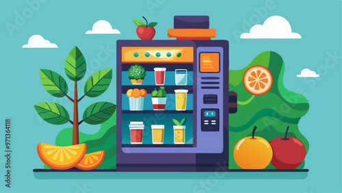 Vending machine with snack and drink illustration icon. Fruit, coffee, sandwich and juice dispenser for bar or parking. Convenience device to sell healthy product from slot clipart set graphic design.