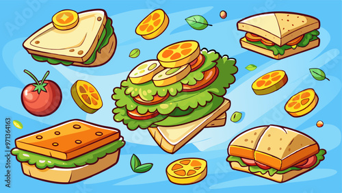 Sandwiches with bread, cheese, lettuce, ham and vegetable slices. Vector cartoon set of flying sandwiches with layers of toasts, salad, fry potato, tomato, onion, cucumber and mayonnaise