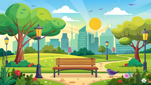 City park with green trees and grass, wooden bench, lanterns and town buildings on skyline. Vector cartoon summer landscape with empty public garden, birds and sun beams