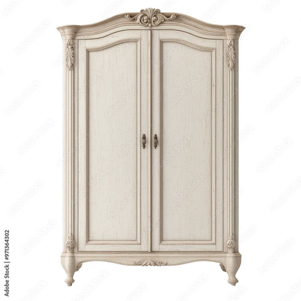 A white wooden armoire with ornate details and two doors. The armoire is isolated on a white background. A white wooden armoire with ornate details and two doors. The armoire is isolated on a white background.