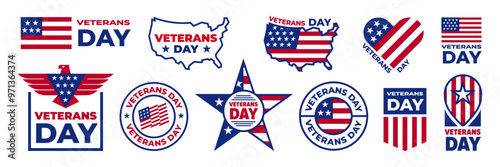 Veteran's day flat style icon set. Veterans day honoring military. Veteran's day stickers with american flag, 11th November.