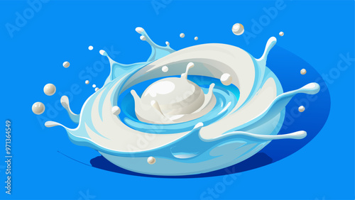 Milk splash or round swirl realistic vector illustration. Natural dairy product, yogurt or cream in crown splash with flying drops, for packaging design isolated on blue background