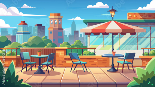 Restaurant on rooftop or building terrace with city view. Vector parallax background for 2d game animation with cartoon illustration of empty patio on roof or balcony with cafe furniture