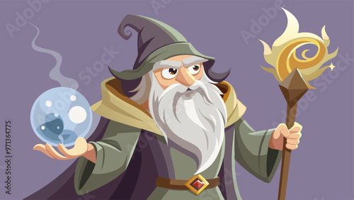 Old wizard character working magic isolated on background. Vector cartoon illustration of senior man with long gray beard, wearing cloak, wand and fortunetelling ball in hands, wise wrinkled face