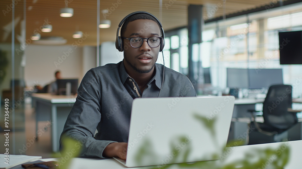 © Ali - portrait of a male tech support worker sitting in modern office working on laptop