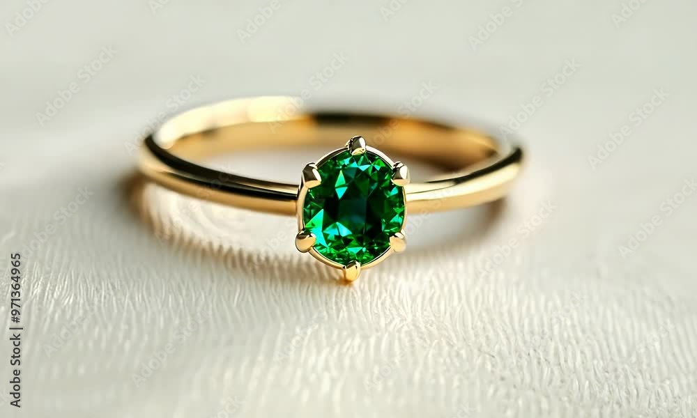 Shiny gold ring with emerald on white background, hyperrealistic Video