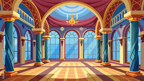 Ballroom interior in royal castle or palace. Medieval building room for balls, dance, wedding banquet with windows and columns in baroque style, vector cartoon illustration