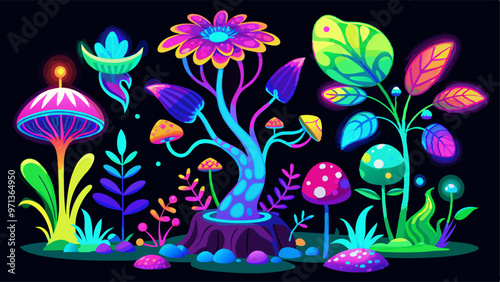 Magic neon color plants set isolated on black background. Vector cartoon illustration of fairytale tree, flower, mushroom glowing in blue, pink, yellow colors, fantasy wonderland design elements