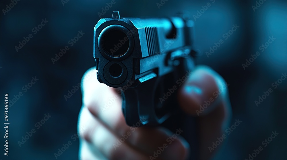Close-up of handgun in focus with blurred background and intense lighting Close-up of handgun in focus with blurred background and intense lighting