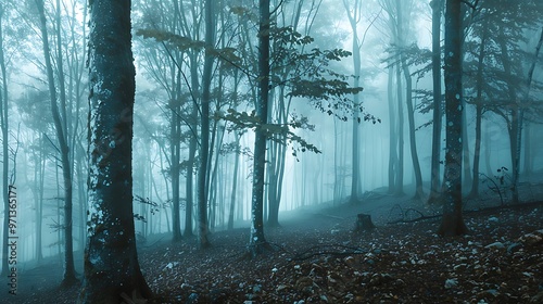 Panorama of foggy forest. Fairy tale spooky looking woods in a misty day. Cold foggy morning in horror forest