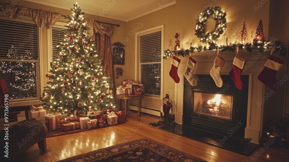 A cozy living room with a Christmas tree and a fireplace A cozy living room with a Christmas tree and a fireplace